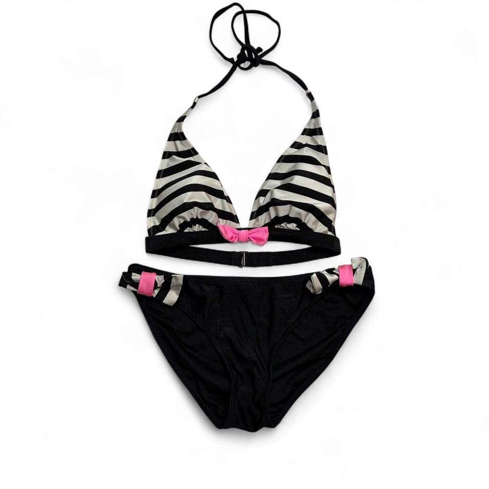 Y2K black and white striped bikini set with pink bow detail size M brand is Heat